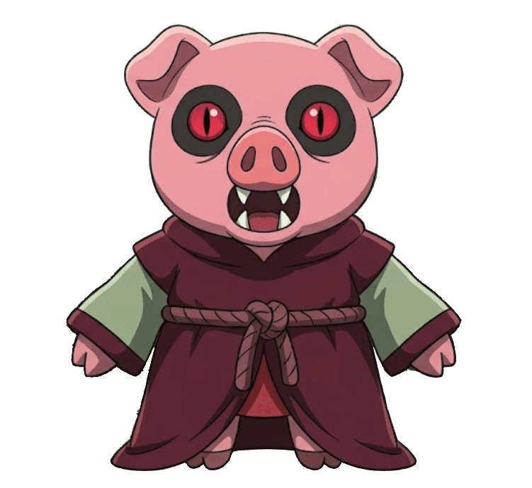 Pinky — the sacred pig deity in cultist robes, glowing red eyes watching over the altar